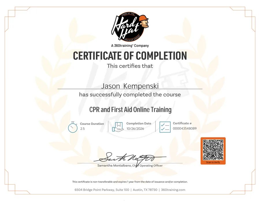 Certificate of completion: CPR and First Aid Training, issued to Jason Kempenski.