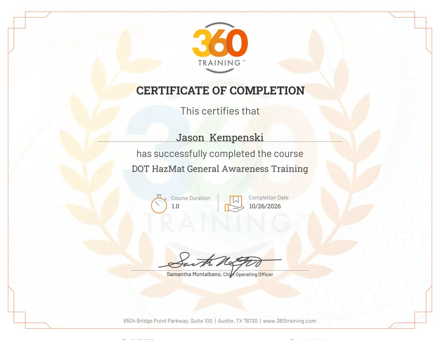 Certificate of completion: DOT HazMat General Awareness Training, issued to Jason Kempenski.