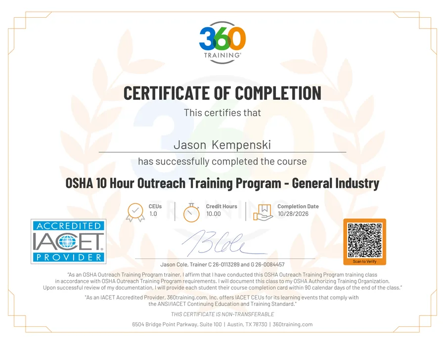 Certificate of completion: OSHA 10-Hour Outreach Training Program, General Industry, issued to Jason Kempenski.