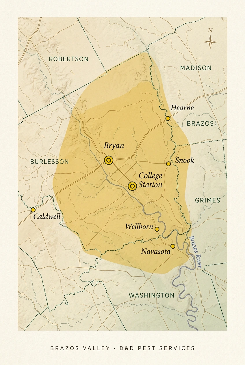 Service area map showing Brazos County, Texas. D&D Pest Services covers Bryan, College Station, Hearne, Caldwell, Snook, Wellborn, and Navasota.